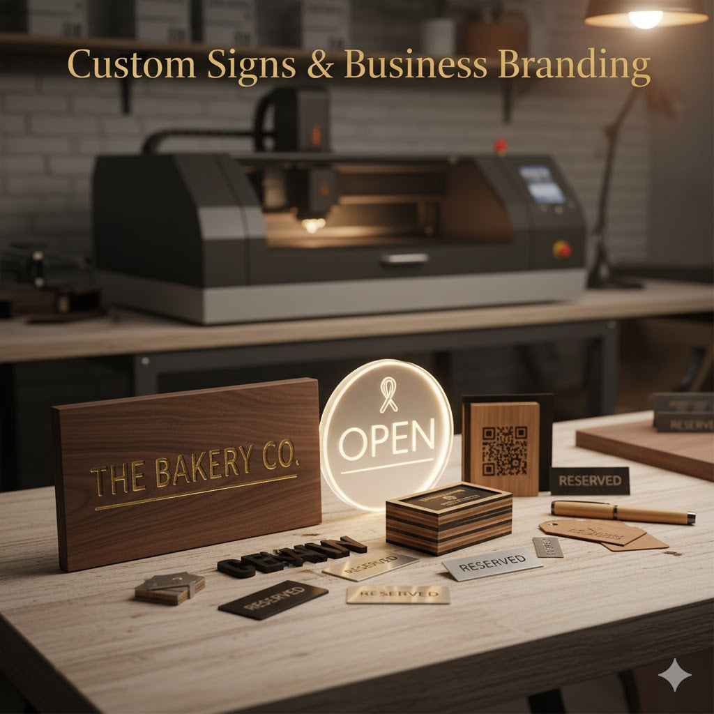 Purple and yellow business signage and branding ad with contact details and service list.