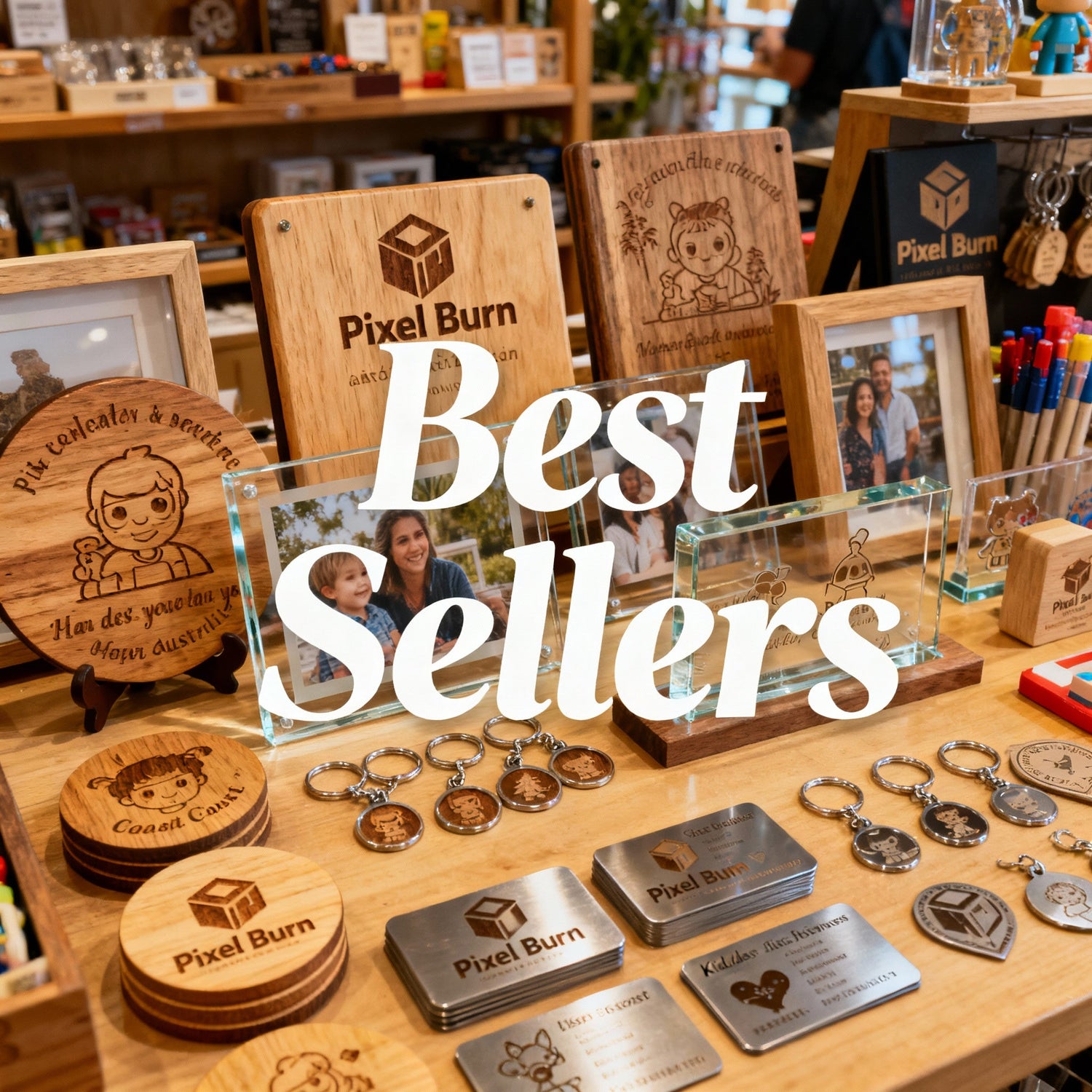 Pixel Burn best seller's collection featuring laser engraved gifts, mugs, keyrings, and plaques.
